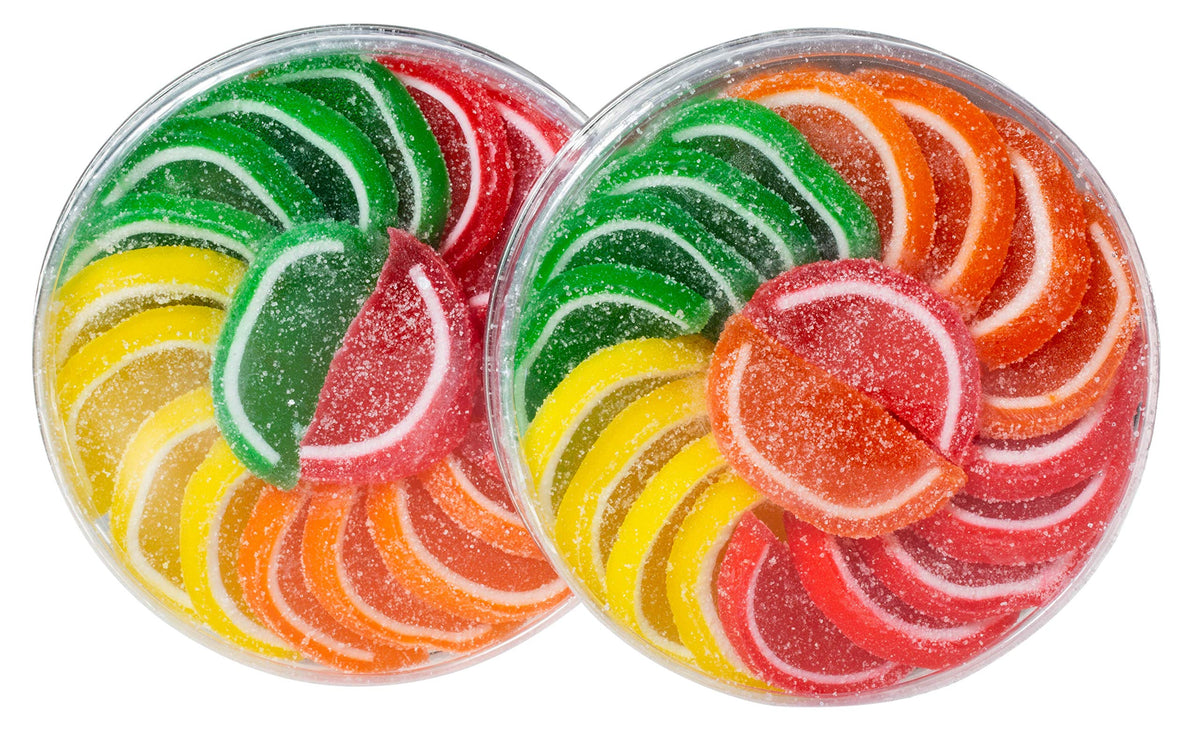 Boston Fruit Slices front-packaging showing two 11oz acetate tubs and assorted colors