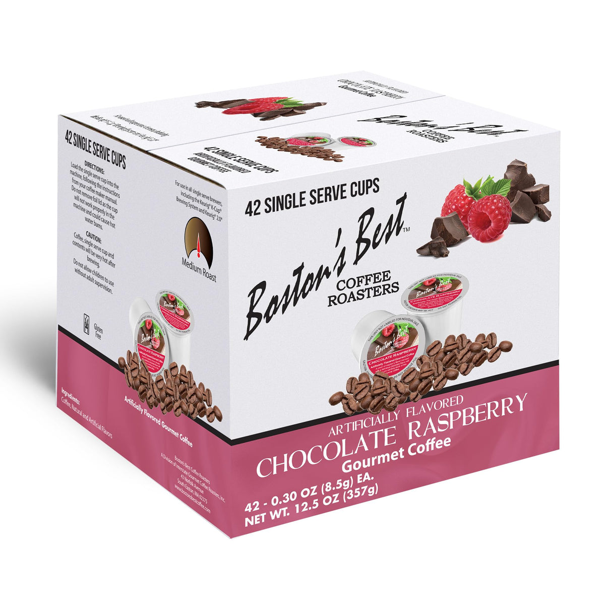 Boston’s Best front packaging showing chocolate raspberry pods and benefits