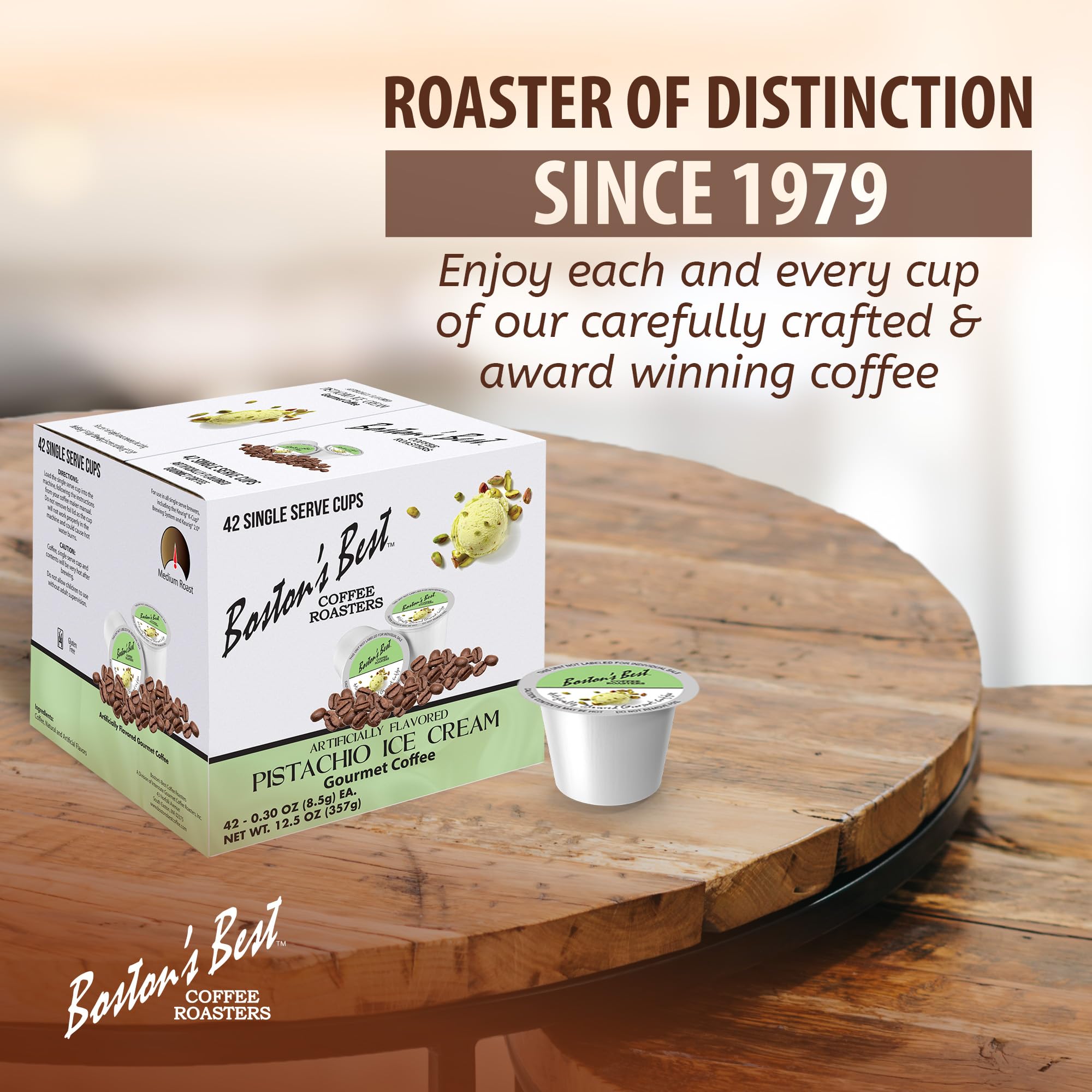 Boston’s Best cup beside pistachio dessert suggesting an indulgent pairing