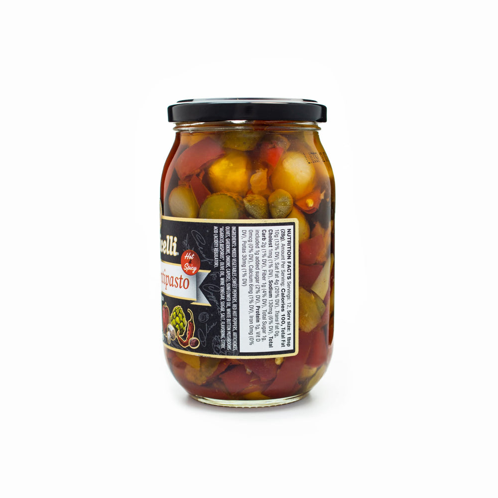 Botticelli open jar with oil and mixed antipasto visible, ready to serve and flavorful
