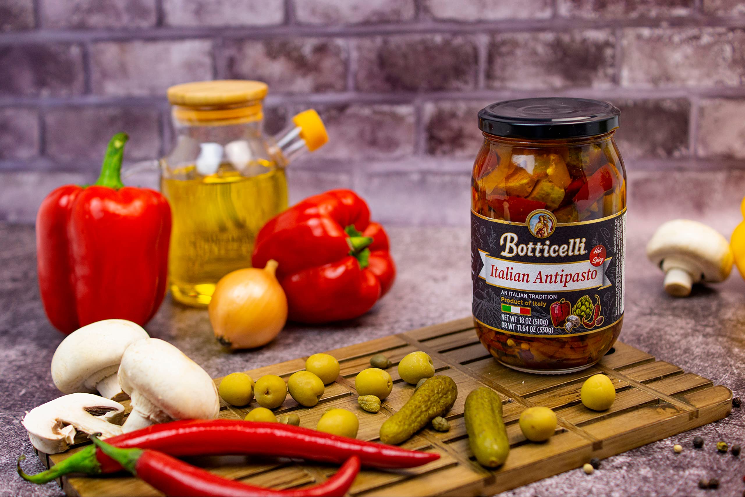 Botticelli antipasto spooned onto bruschetta, demonstrating quick entertaining appeal
