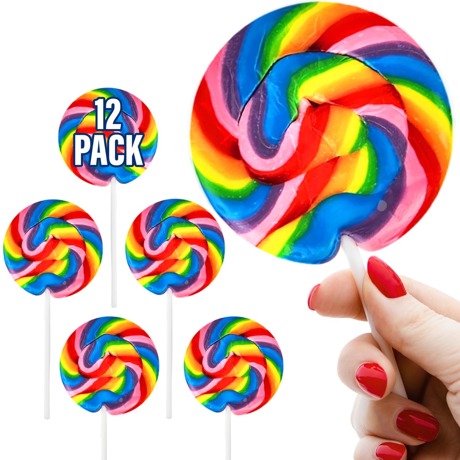 Bottles N Bags front packaging showing 12 colorful swirl lollipops and vibrant display benefit