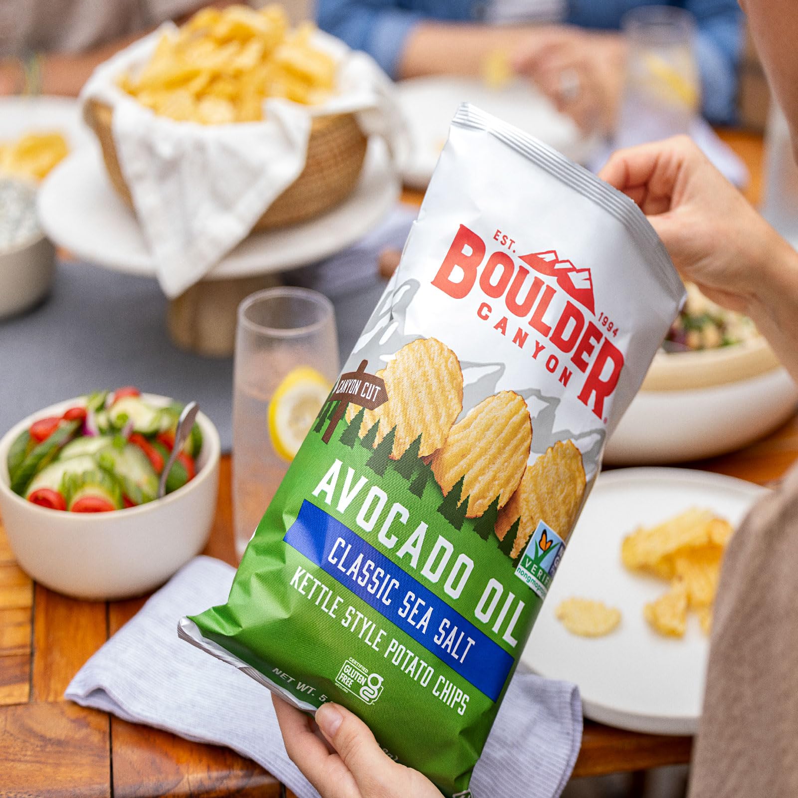 Boulder Canyon Classic Sea Salt bag close-up highlighting seasoning and crisp benefit