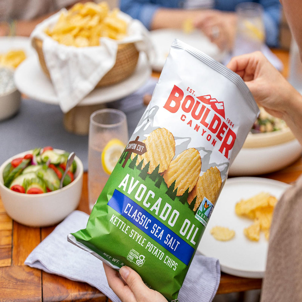 Boulder Canyon Classic Sea Salt bag close-up highlighting seasoning and crisp benefit