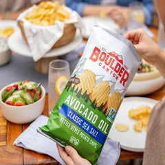Boulder Canyon Classic Sea Salt bag close-up highlighting seasoning and crisp benefit