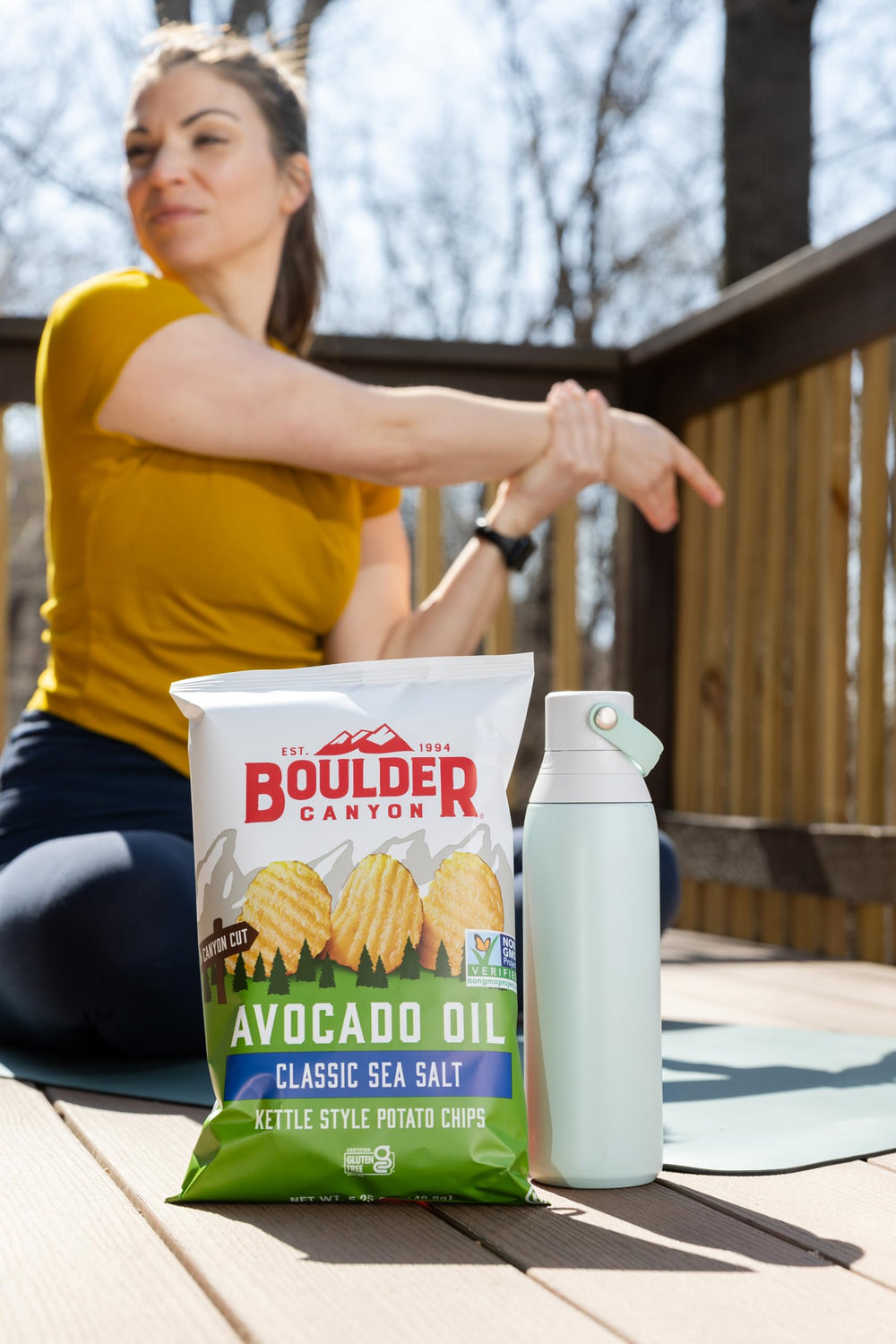 Boulder Canyon chips styled on a picnic blanket illustrating outdoor snack convenience