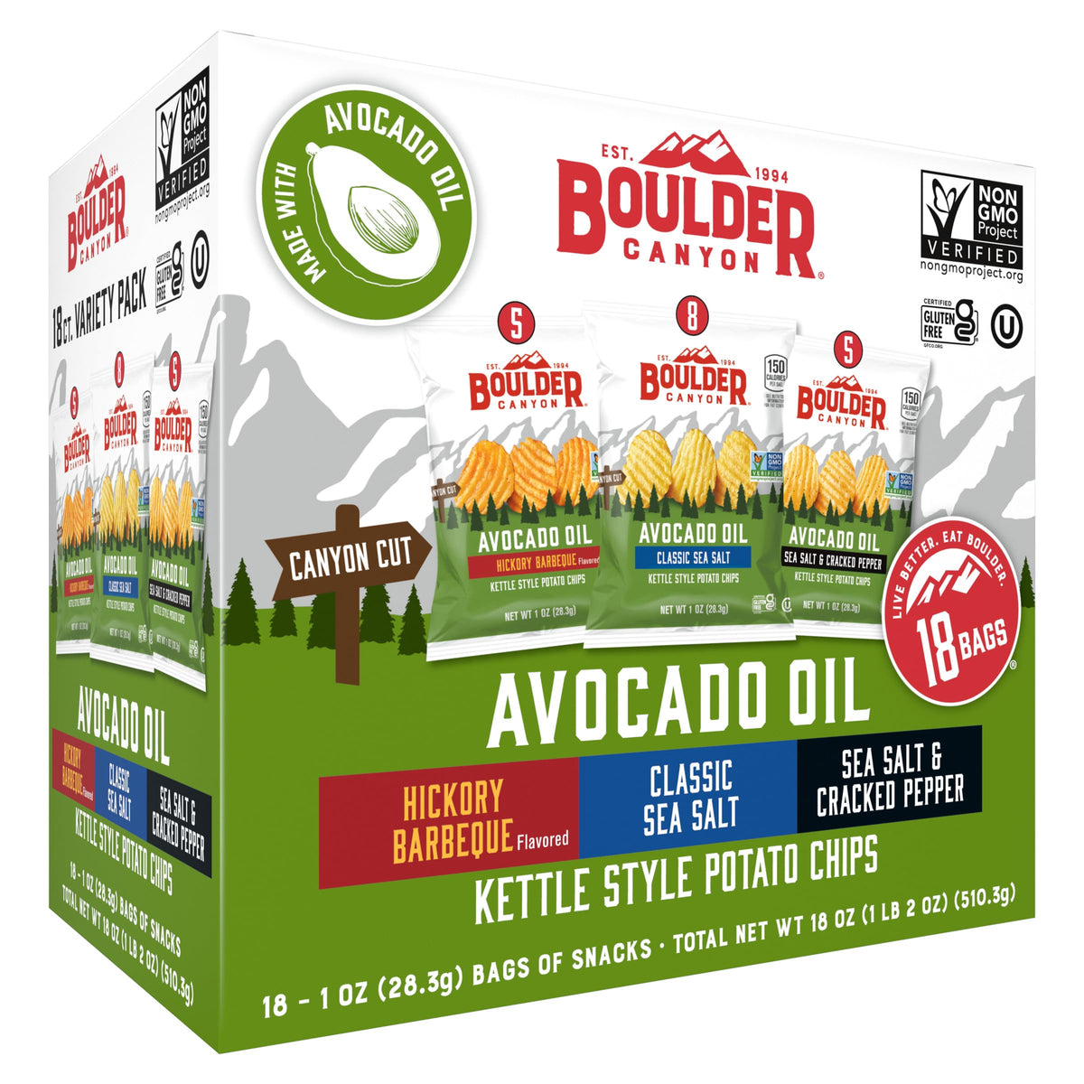 Boulder Canyon variety pack front showing product box and flavor labels, convenient for snacking