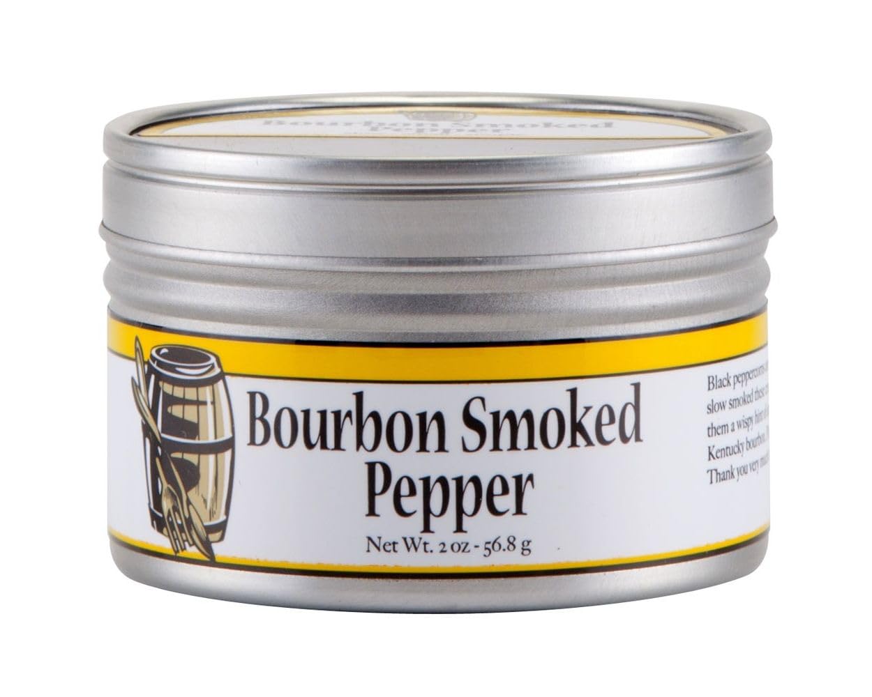 Bourbon Barrel Foods front label shows smoked pepper jar and bold flavor benefit