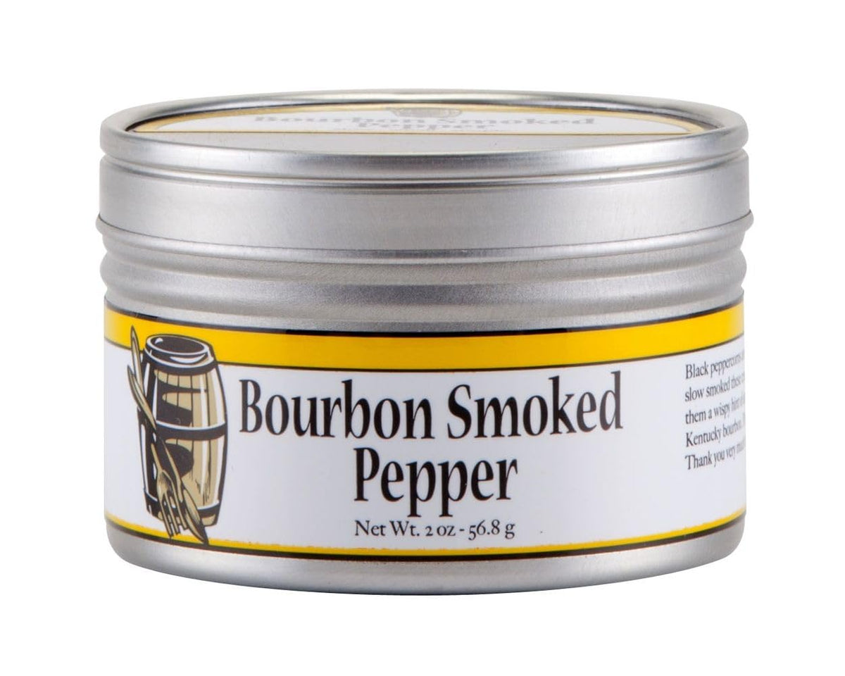 Bourbon Barrel Foods front label shows smoked pepper jar and bold flavor benefit