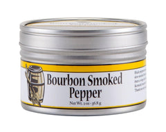 Bourbon Barrel Foods front label shows smoked pepper jar and bold flavor benefit