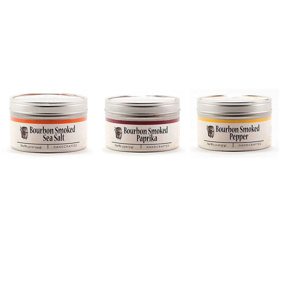 Bourbon Barrel Foods bundle front packaging showing three smoked spice jars, enhances grilling flavor