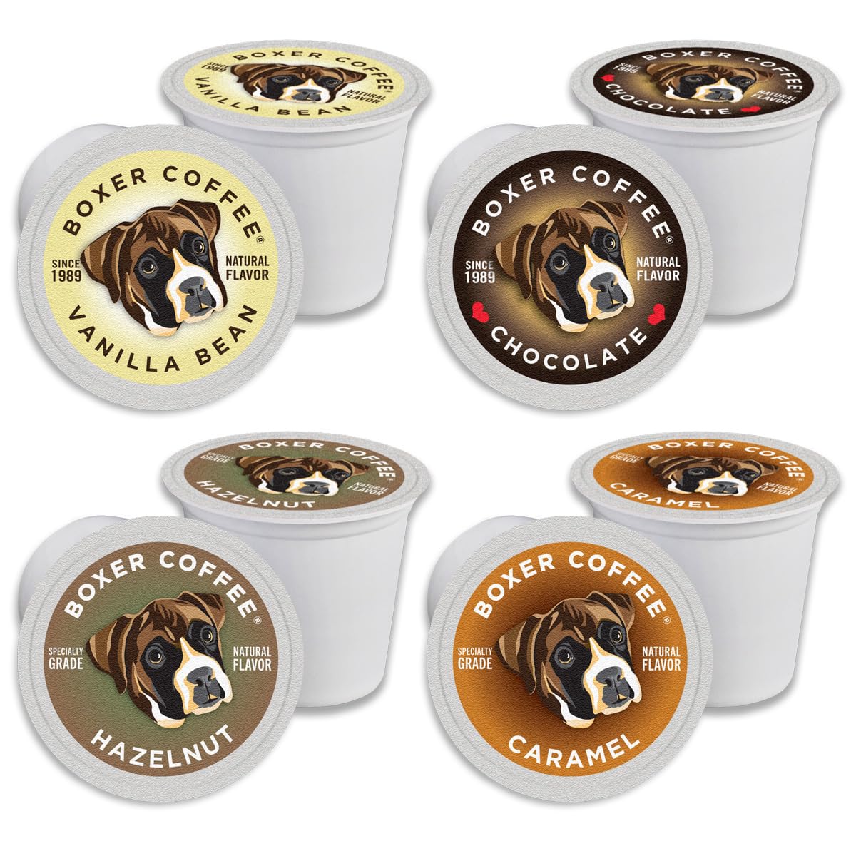 Boxer Coffee Cozy Classics front packaging showing four flavored pods and recyclable box with variety benefits