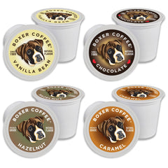 Boxer Coffee Cozy Classics front packaging showing four flavored pods and recyclable box with variety benefits