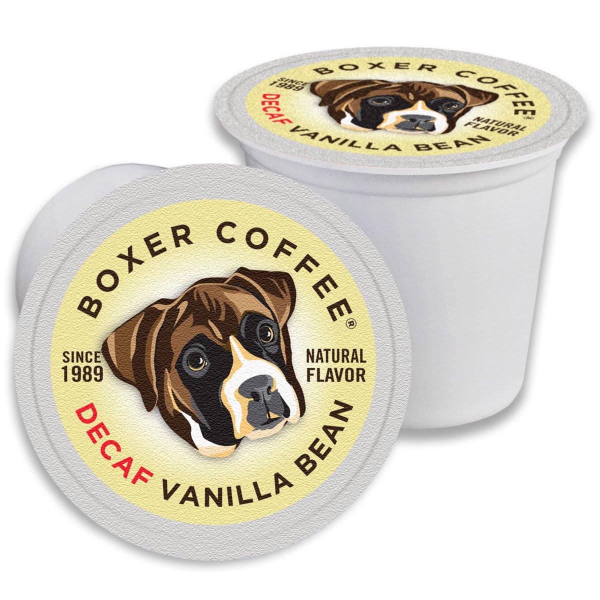 Boxer Coffee front packaging 48-count showing vanilla pods, supports easy storage