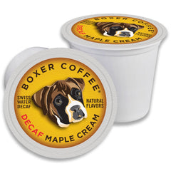 Boxer Coffee front packaging showing 48ct maple cream pods and recyclable box benefit