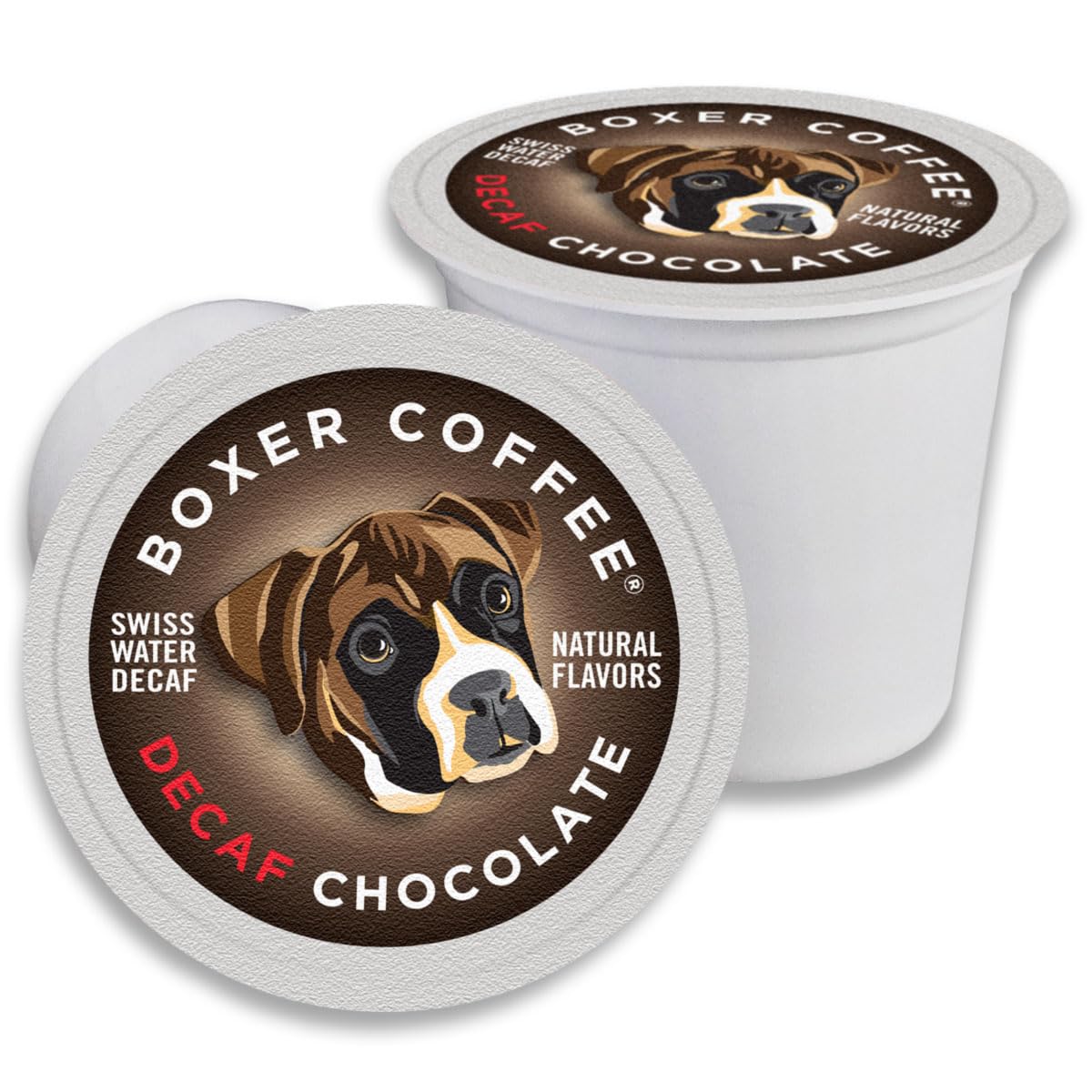 Boxer Coffee front packaging showing Swiss Water decaf chocolate and recyclable box benefits
