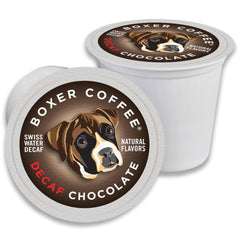 Boxer Coffee front packaging showing Swiss Water decaf chocolate and recyclable box benefits
