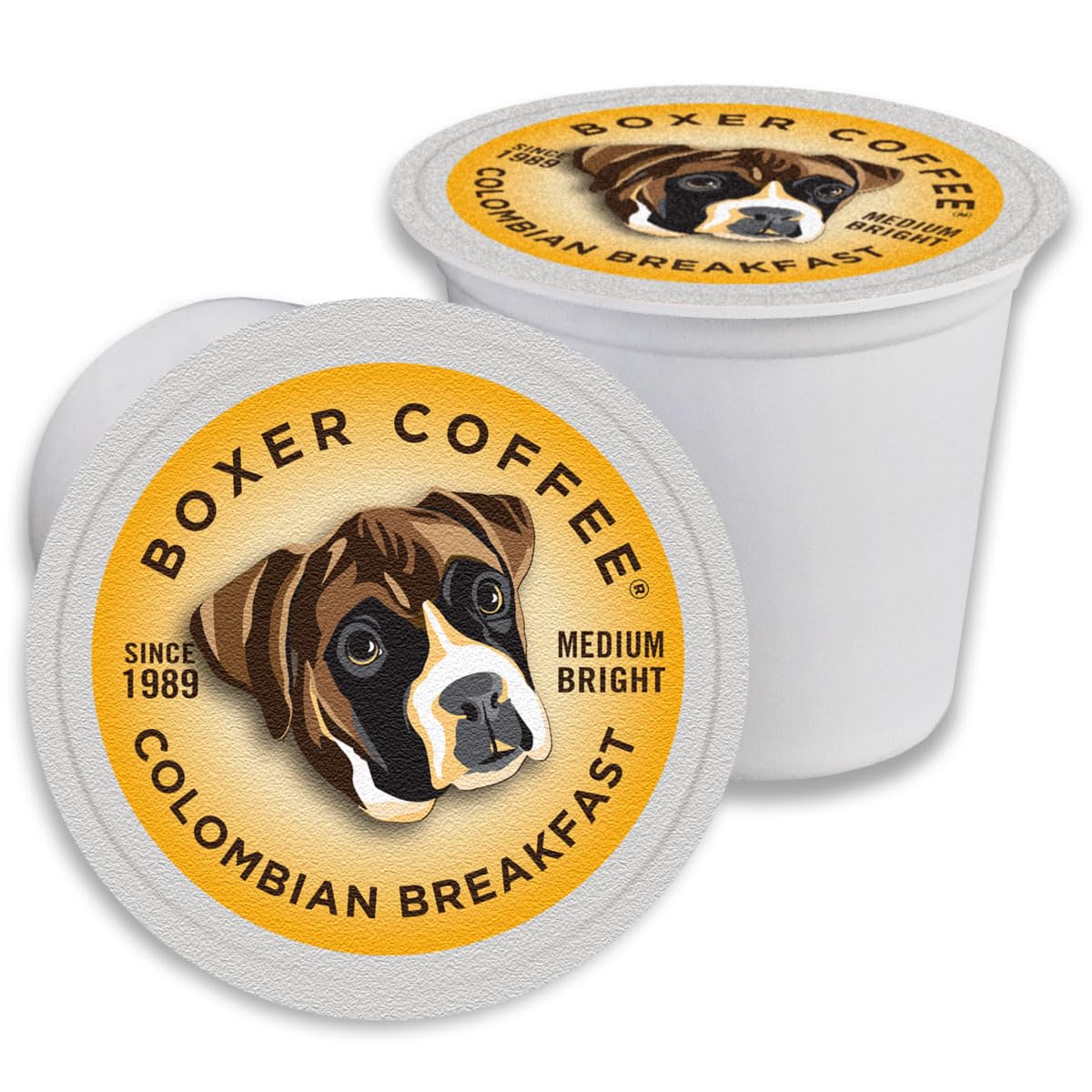 Boxer Coffee front packaging showing 48ct box and recyclable label benefit
