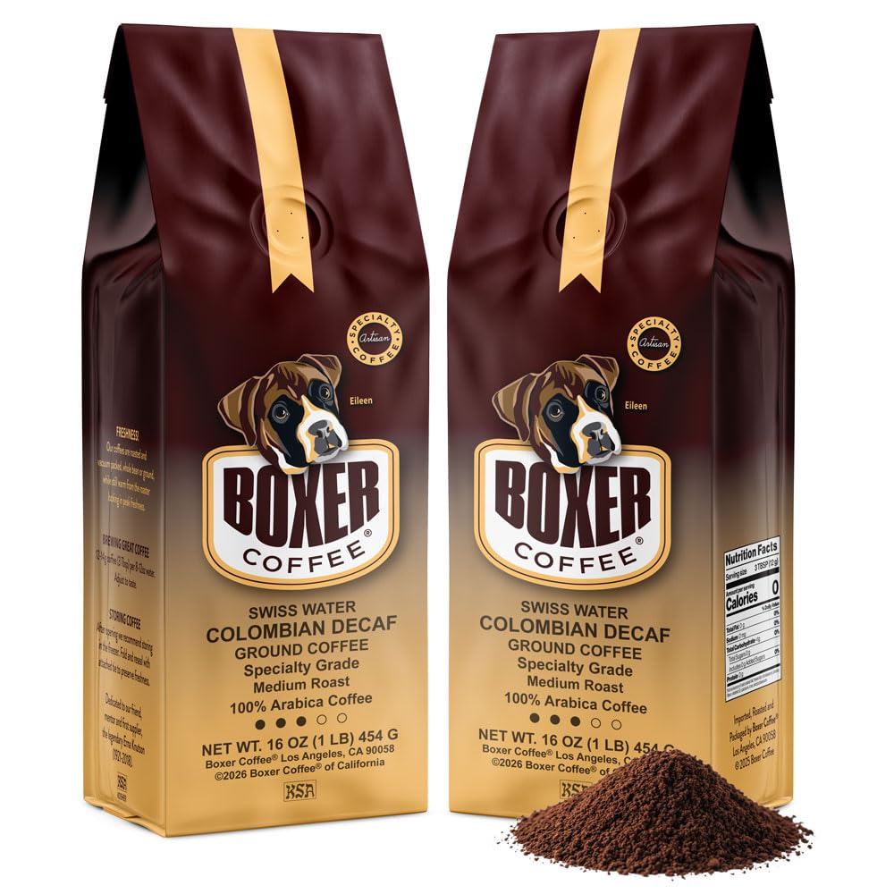 Boxer Coffee front packaging showing Swiss Water decaf and Colombian medium roast benefits