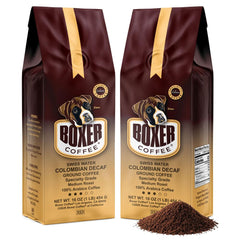 Boxer Coffee front packaging showing Swiss Water decaf and Colombian medium roast benefits
