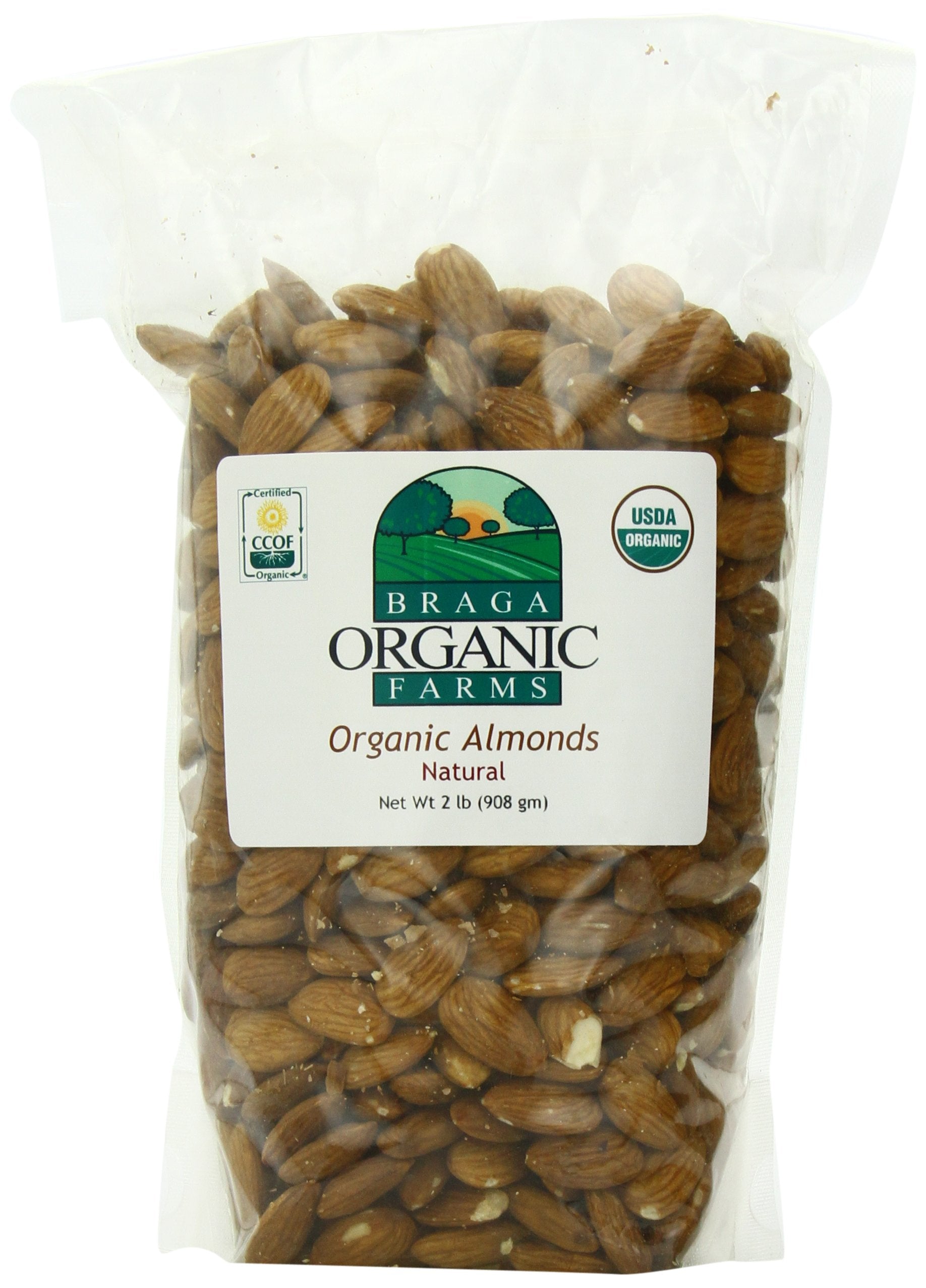 Braga Organic Farms front packaging of 2 lb almonds showing label and certified organic benefit
