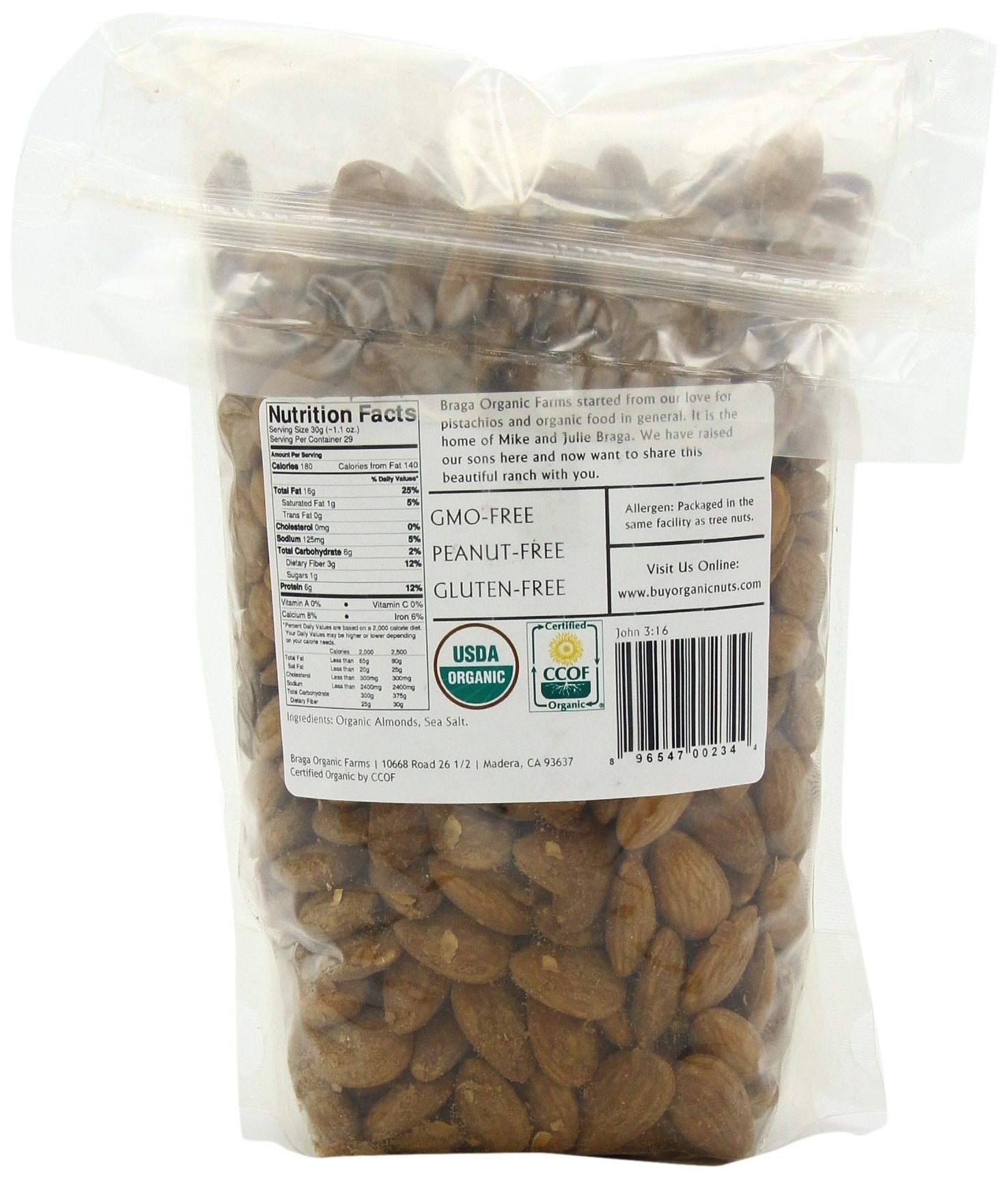 Braga Organic Farms close-up of roasted almonds and sea salt highlighting crisp texture