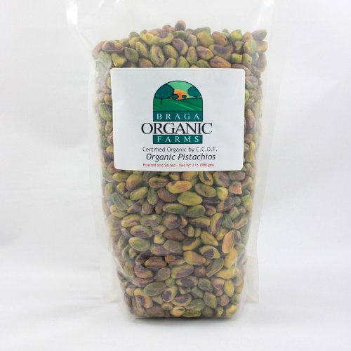 Braga Organic Farms front packaging showing roasted pistachio kernels and organic label for fresh flavor