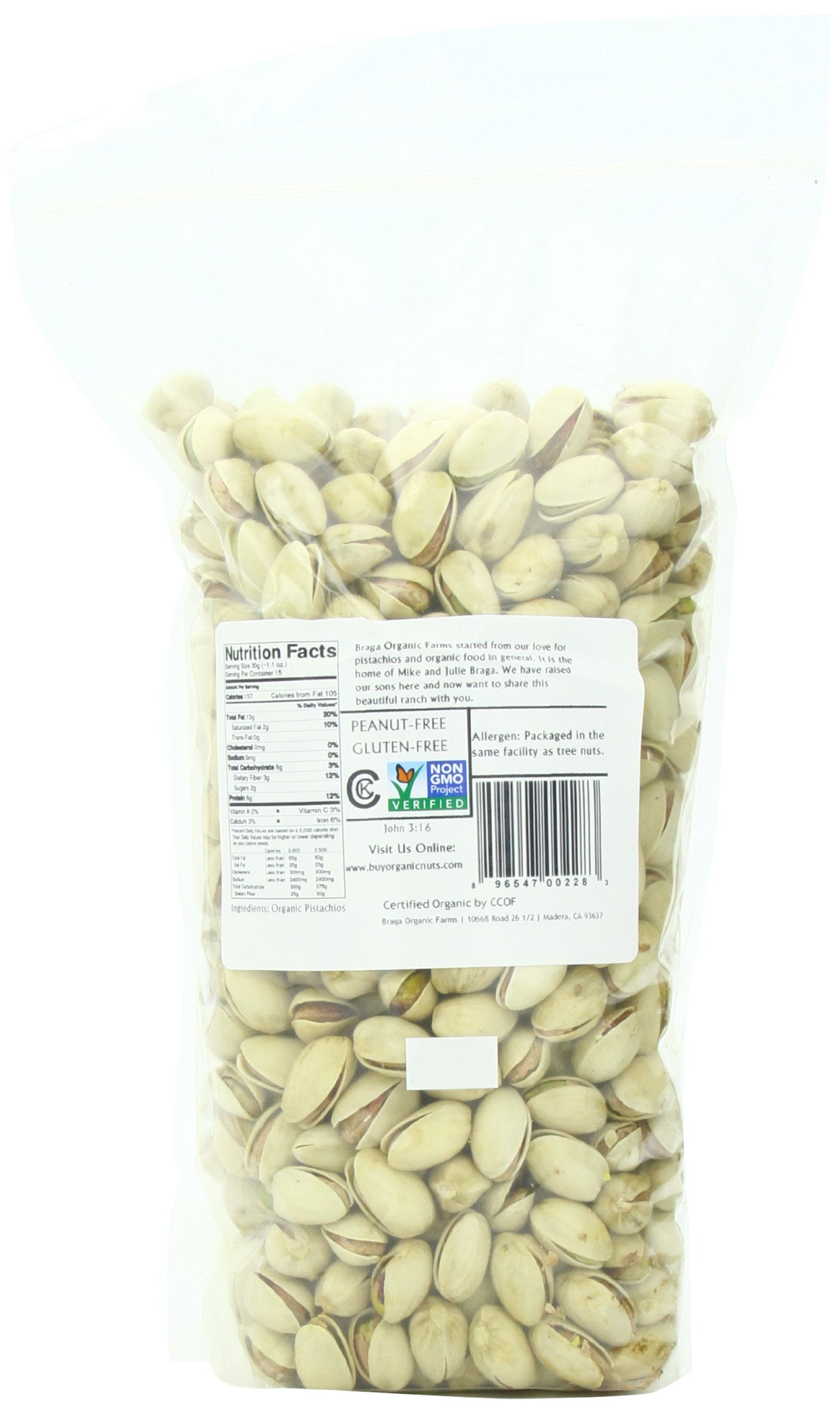 Braga Organic Farms close-up of pistachio shells and green kernels, highlights natural texture