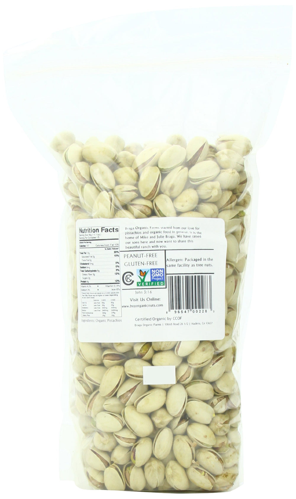 Braga Organic Farms close-up of pistachio shells and green kernels, highlights natural texture