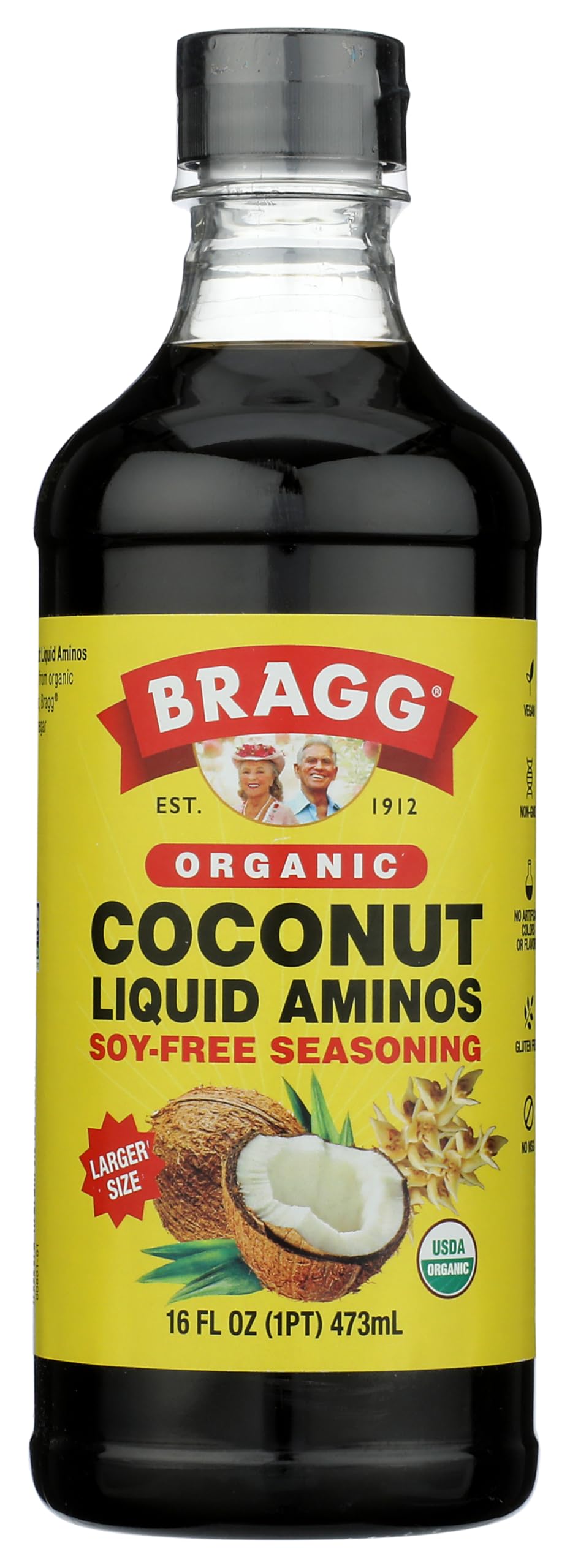 Bragg coconut liquid aminos bottle front view shows organic label and versatile seasoning