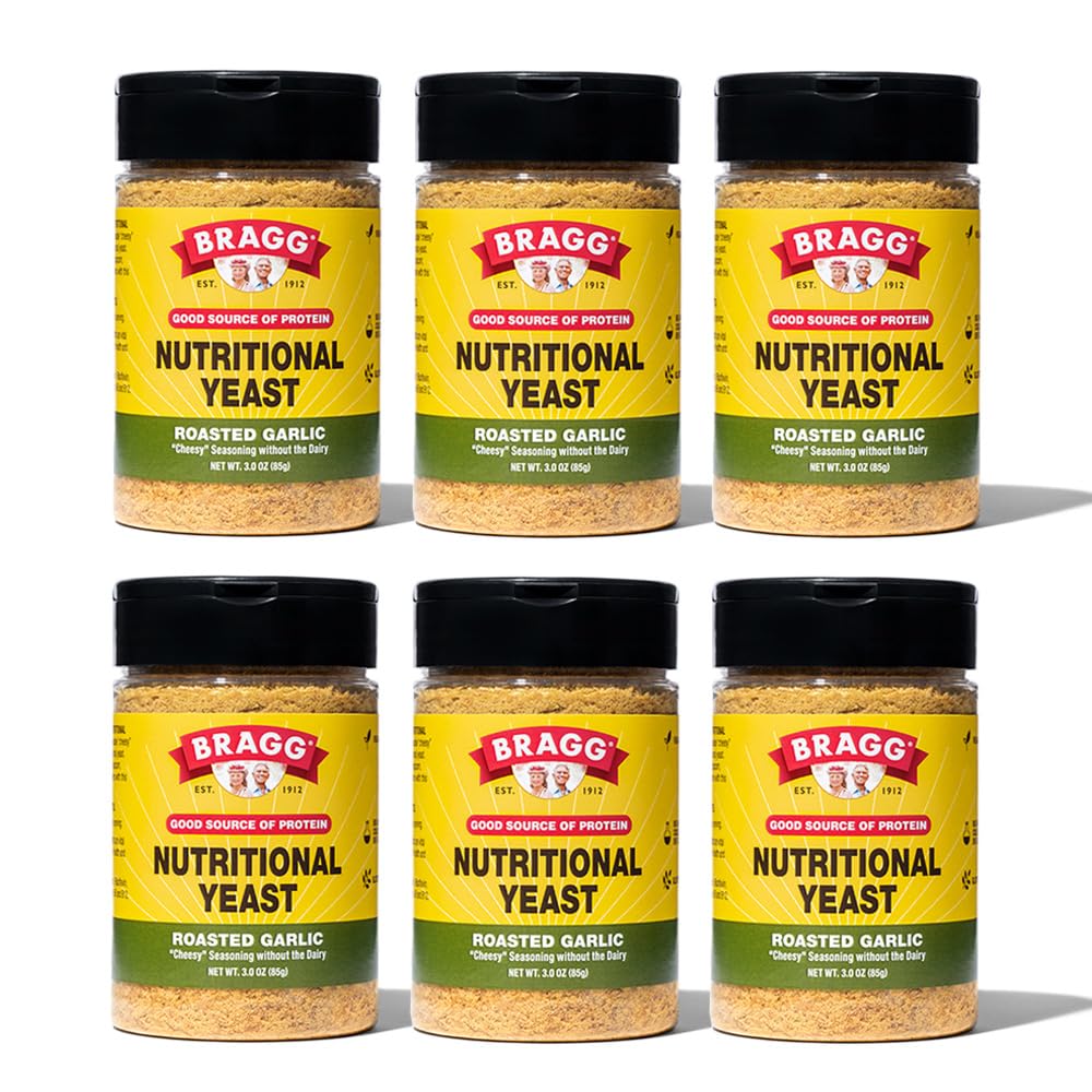 Bragg front packaging jar showing roasted garlic seasoning and vegan benefits