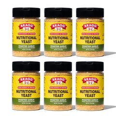 Bragg front packaging jar showing roasted garlic seasoning and vegan benefits