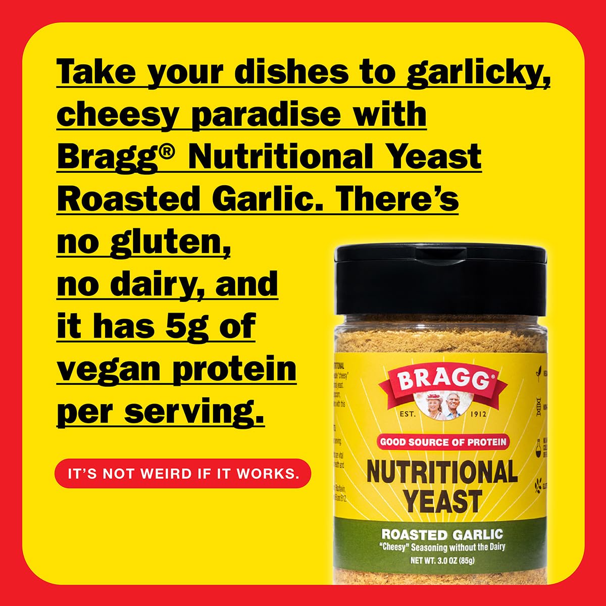 Bragg jar open with seasoning visible for easy sprinkling and fresh flavor