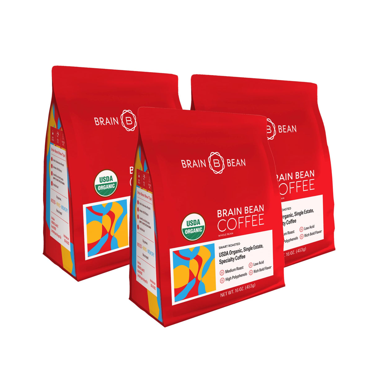 Brain Bean front packaging showing organic seal and smooth roast benefits