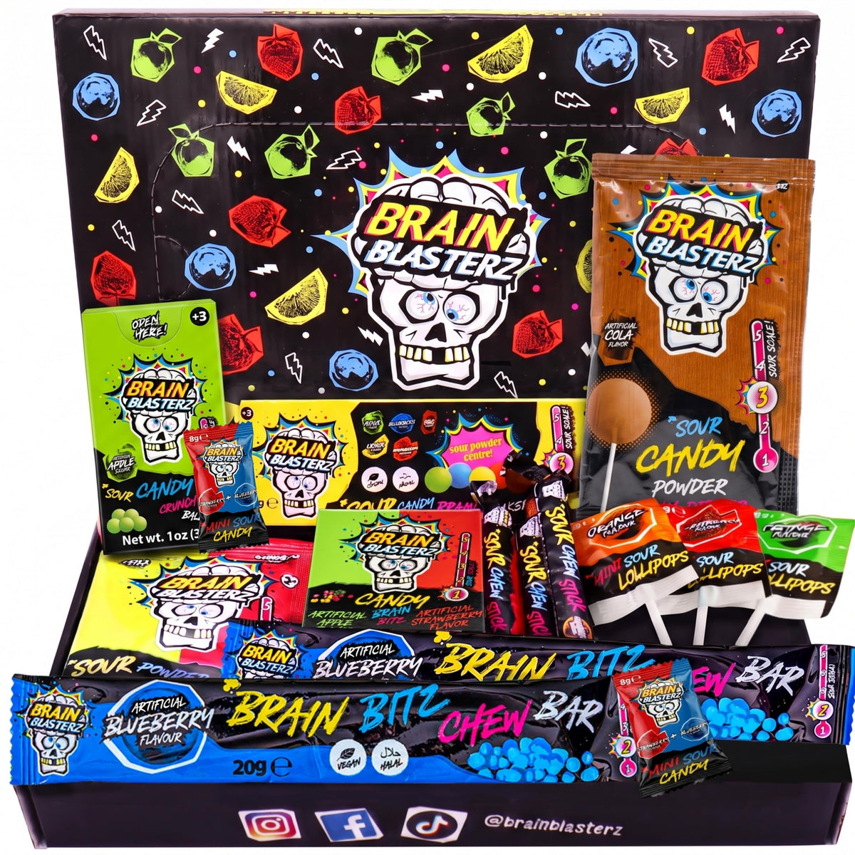 Brain Blasterz front box showing colorful sour candy assortment and fun packaging
