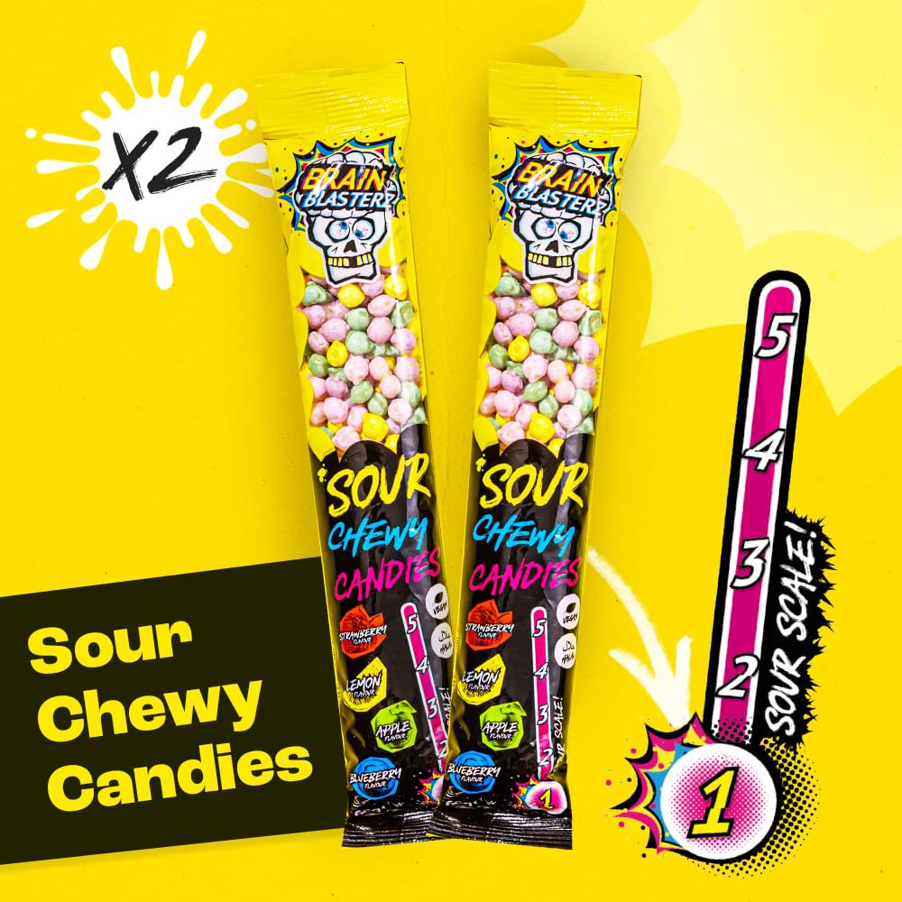 Brain Blasterz lollipop and hard candy display showing variety for long-lasting sour experiences