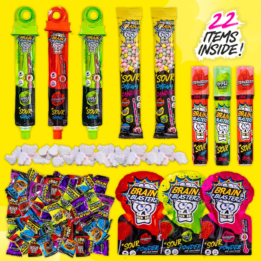 Brain Blasterz open box arrangement revealing 22 individually wrapped candies for easy sharing