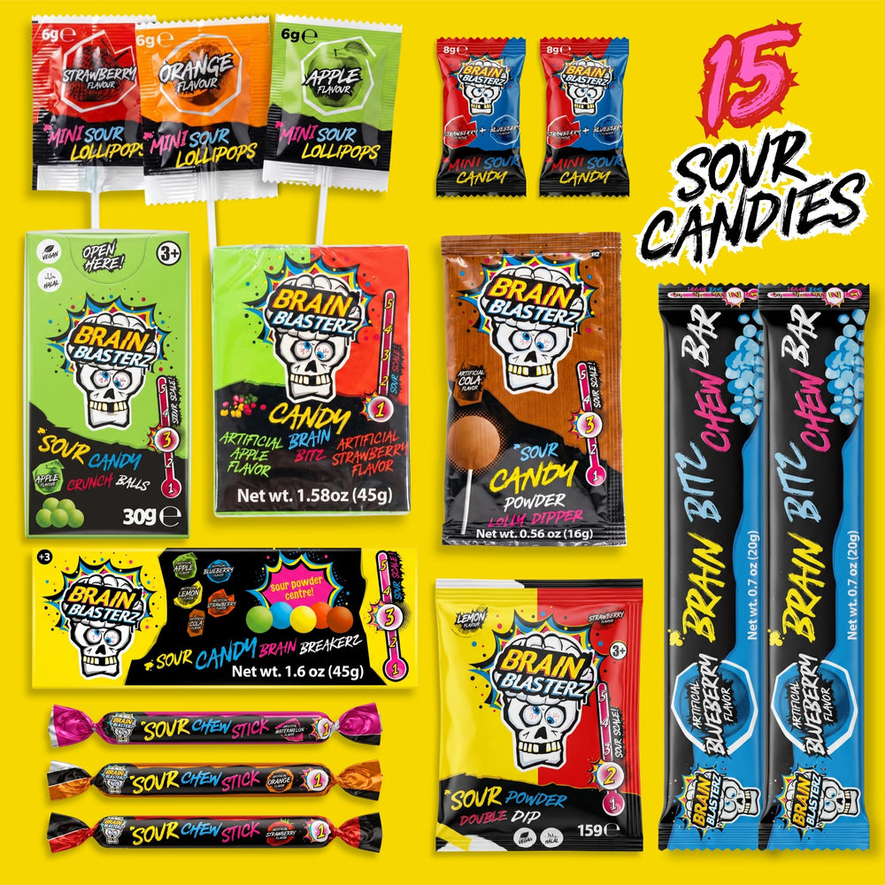 Brain Blasterz open box with visible lollipops taffy and sour powder for easy selection