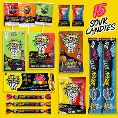 Brain Blasterz open box with visible lollipops taffy and sour powder for easy selection