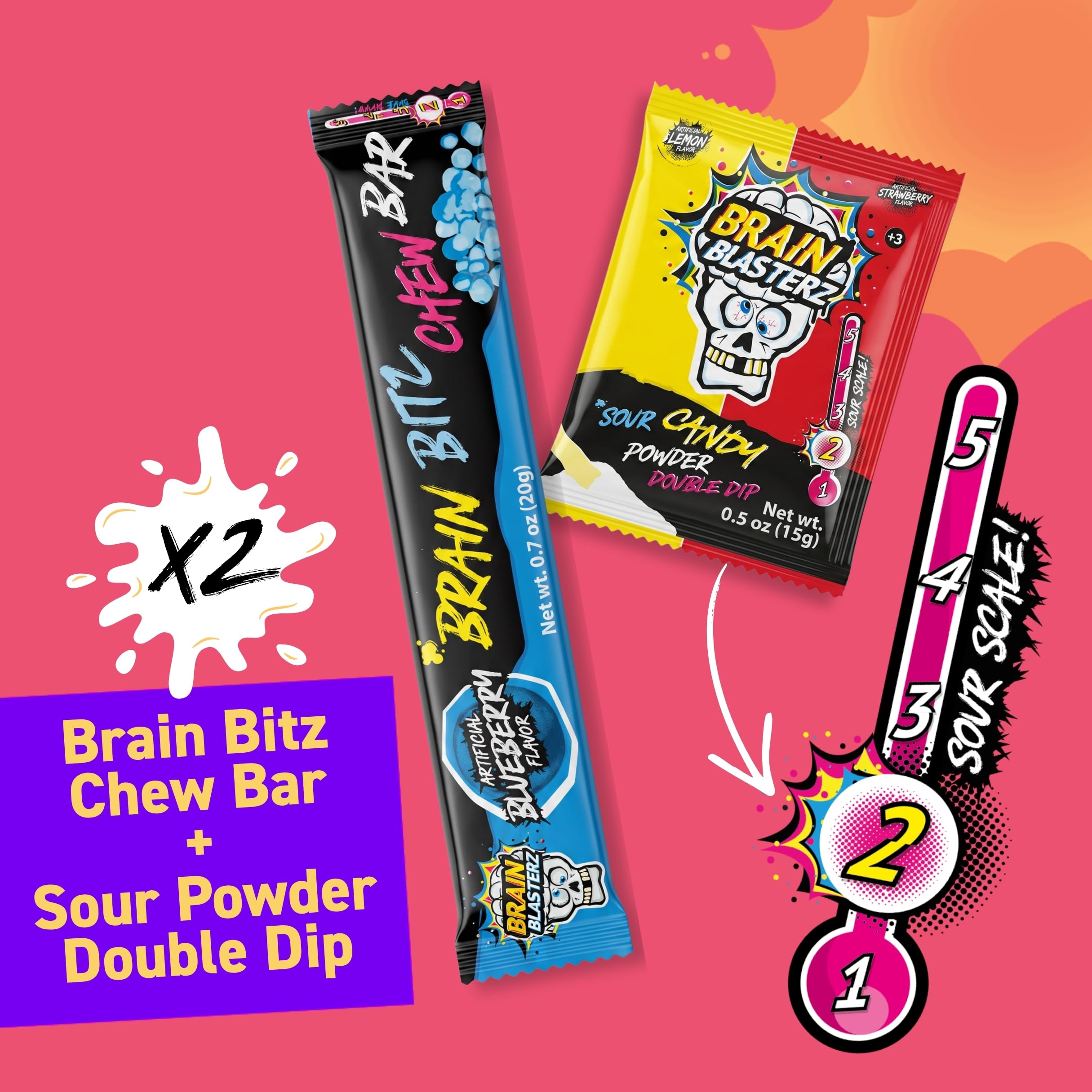 Brain Blasterz sour powder sachet spilling tangy crystals to intensify flavor
