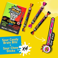 Brain Blasterz taffy texture detail highlighting chewy layers and tangy filling