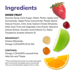 Brainiac ingredients label detail showing BrainPack nutrients and real fruit juice
