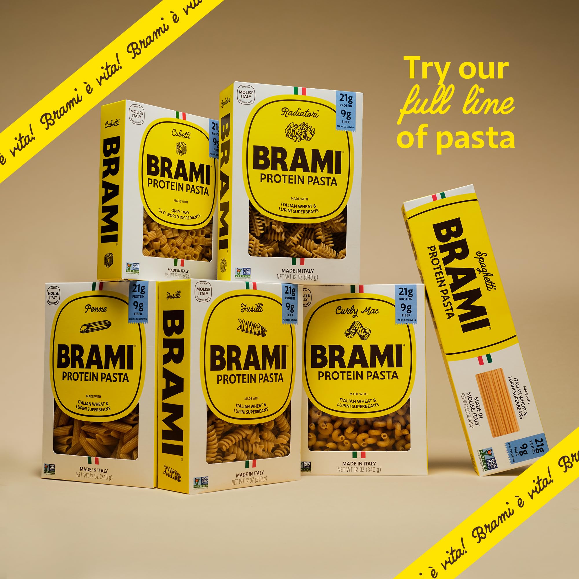 Brami box beside common kitchen items showing pack size
