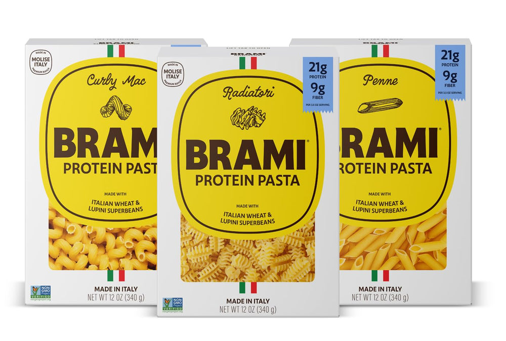 BRAMI front packaging three-pack showing authentic Italian origin and nutritional benefits
