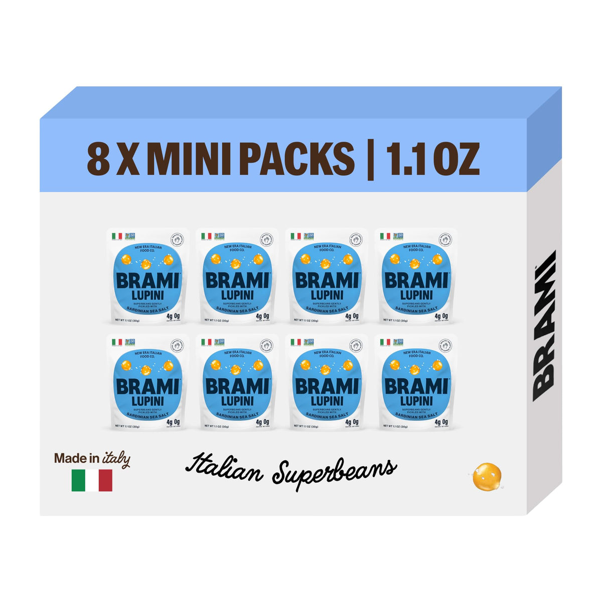 BRAMI front packaging showing sea salt and vinegar flavor and benefits