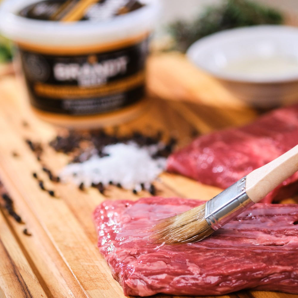 Close-up of Brandt Beef label highlighting ingredient purity and sustainable sourcing