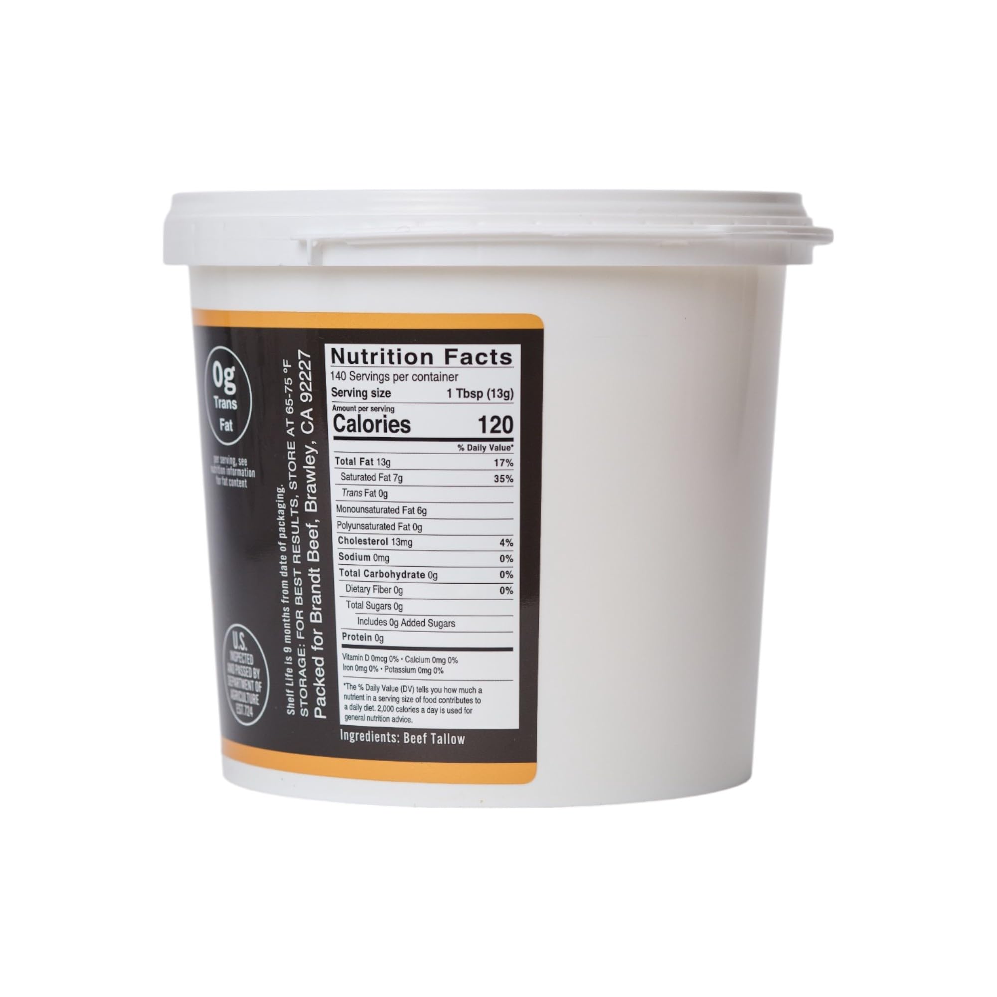 Open Brandt Beef tub revealing smooth rendered tallow texture for versatile use