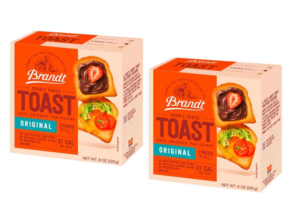Brandt front packaging showing 8 oz double-baked toasts for pantry convenience