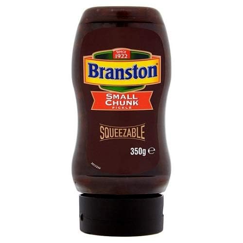Branston bottle front view showing label and squeezable cap, convenient storage