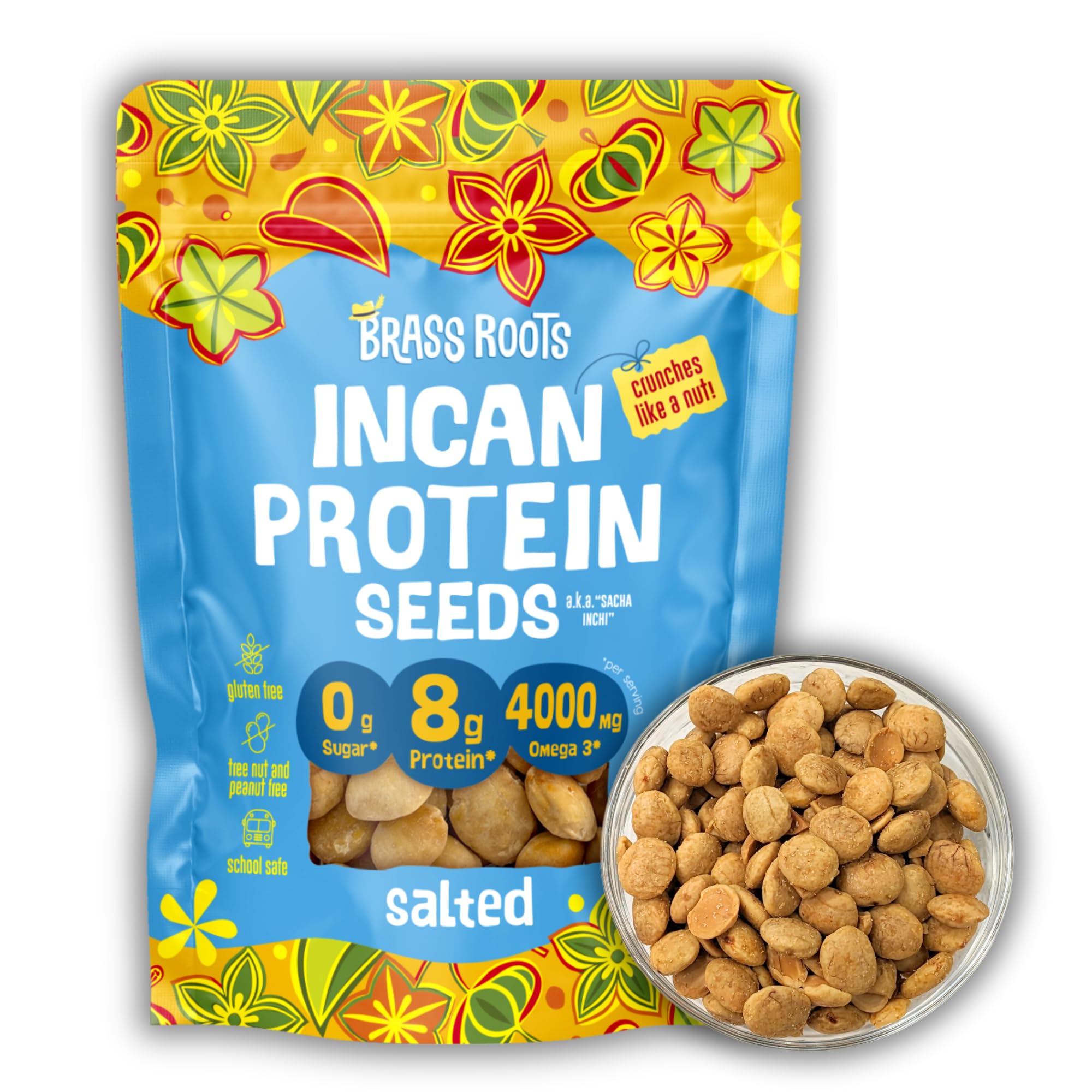 BRASS ROOTS front packaging showing 10 oz pouch and salted sacha inchi